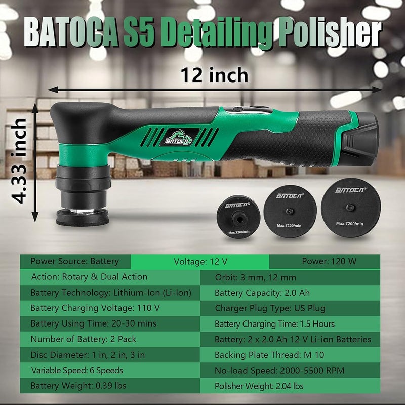 BATOCA S5 Cordless Car Buffer Polisher Sander Dual Action & Rotary Polishing Machine 1/2/3 Inch Polishing Pads for Car Detailing,6 Variable Speeds 2000-5500RPM,Mini Polisher for Car Motorcycle Polish - Image 5
